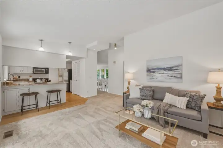 Another view of the family room and kitchen