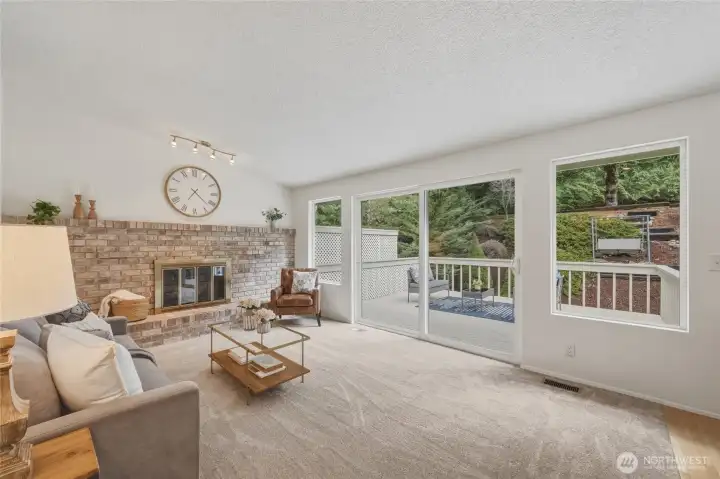 The family room looks out to the backyard and the massive deck