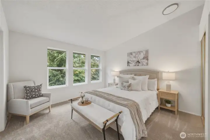 The primary bedroom is on the upper main floor.