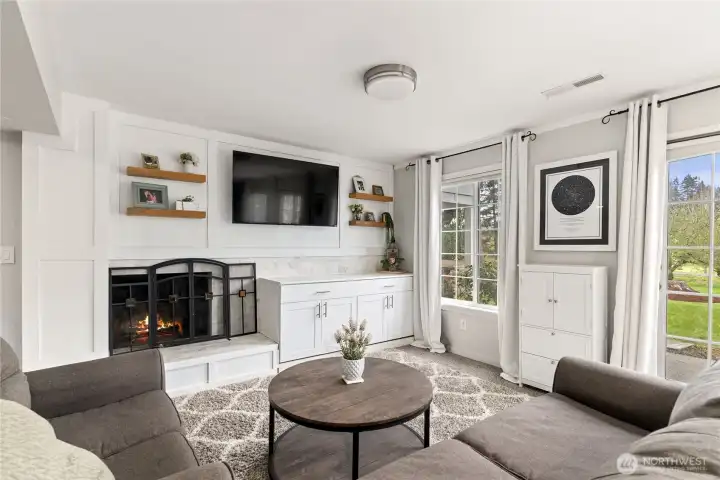 Wood fireplace on the lower level