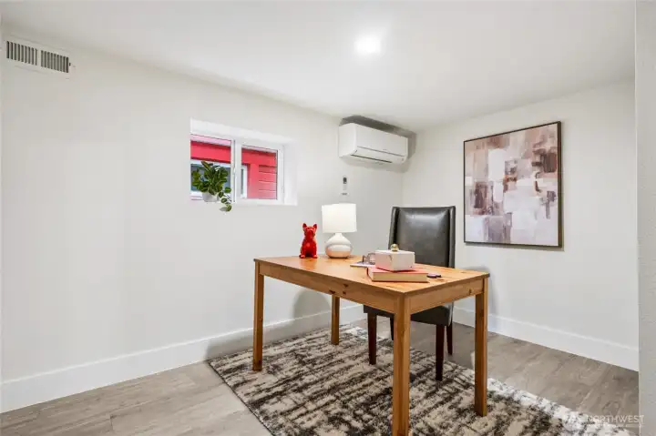 Additional basement flex room with closet and mini split, useful for small office or exercise.