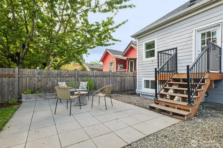 New patio and stairs, lots of room to expand the deck.