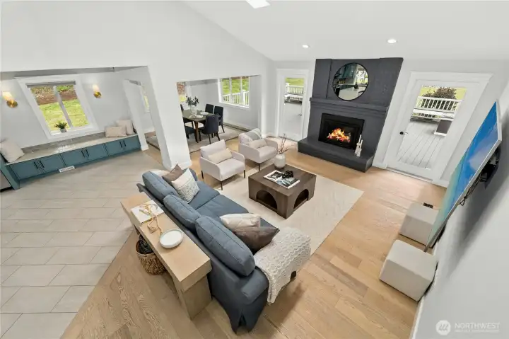 Great room is connected and flows into the diningroom and kitchen area