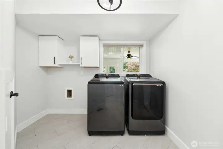 Laundry room with 2023 w'd units. Room for folding table or laundry bins
