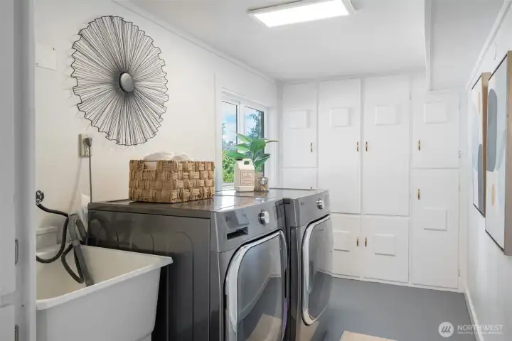 Dedicated laundry room with storage. Dedicated laundry room with storage.