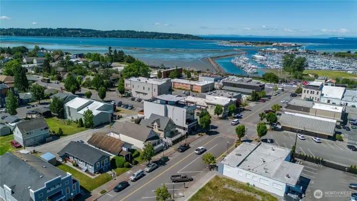 Aerial view showcasing the property’s prime downtown Blaine location just blocks from the marina and waterfront.