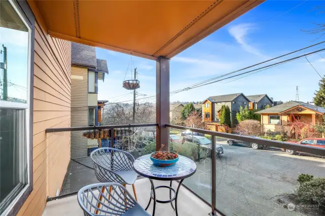 The covered patio is a wonderful space to relax year-round.