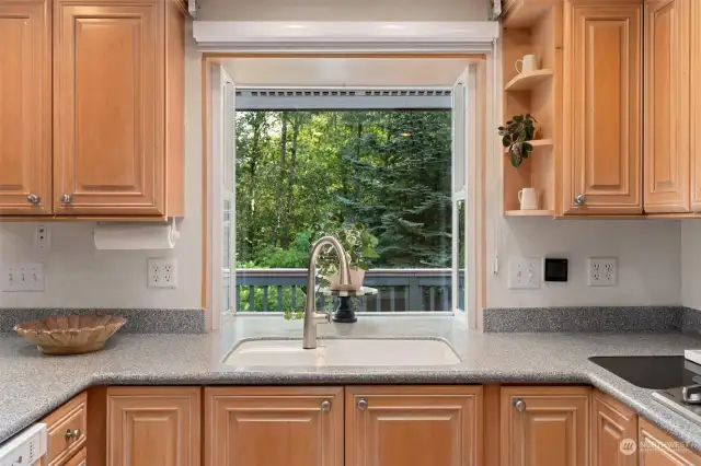 Window overlooks the back deck/yard.