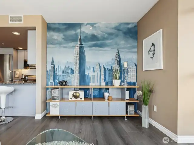Hand painted mural on canvas can stay or be easily removed. This space is great for TV / entertainment stand.