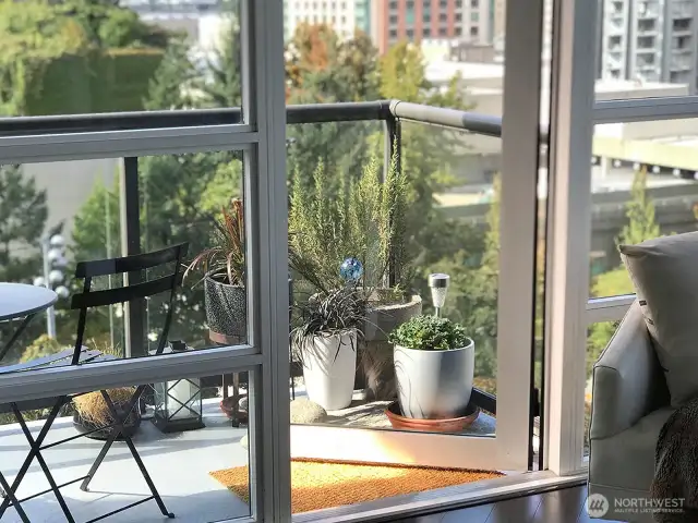 Balcony is spacious enough for plants, chairs & small bistro table!