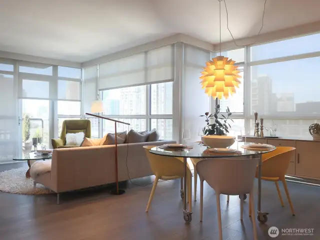 Updated engineered hardwood flooring through the living space.