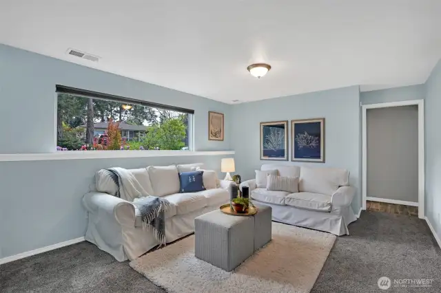 Lower-level family room is full of natural light.