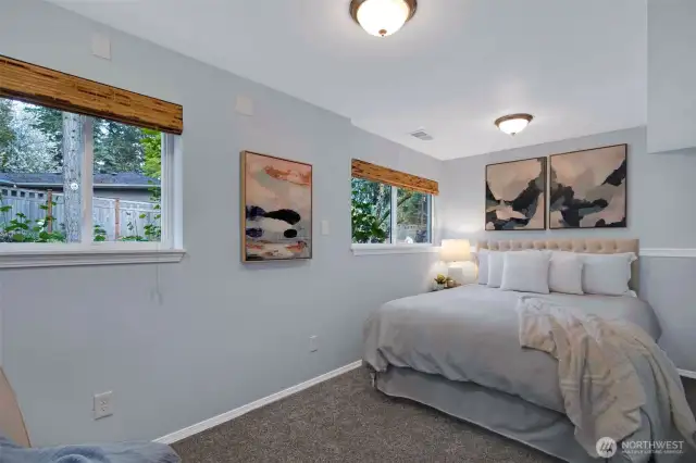 One of two lower-level bedrooms.