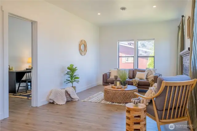 The living room is open to the two bedrooms