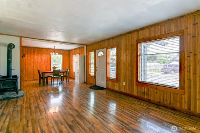 The living and dining spaces flow together.