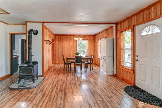 Wood burning stove provides ample heat.