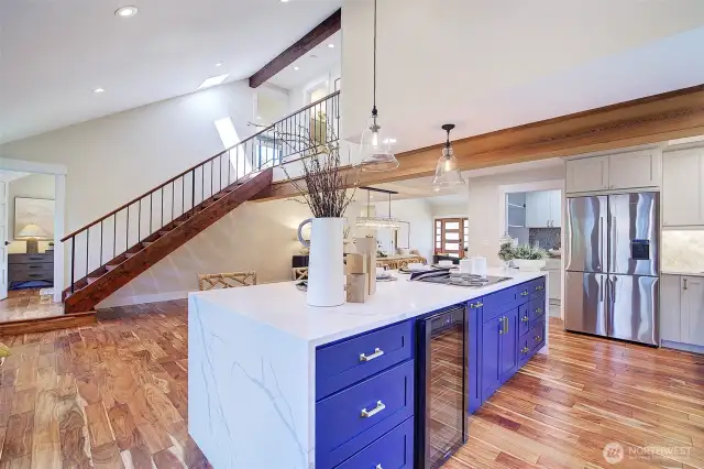 Kitchen Island with beverage refrigerator