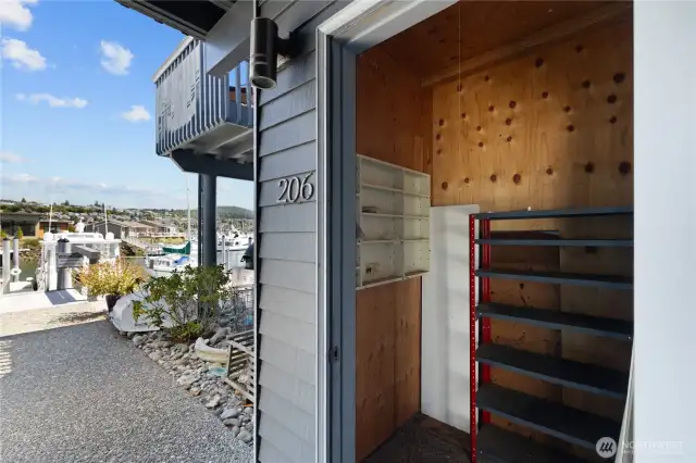 Here's the Storage Closet which is very conveniently located close by the dock and your boat moorage.  Store fishing gear, crab pots, Kayaks, Bicycles and more!  Your 25 ft dock is the first moorage spot on the right side of the dock ramp.  Only a few steps away from your Storage!