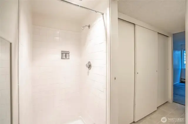 Primary bath featuring a walk-in shower and additional closet space.