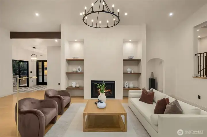 Cozy up to the striking clay fireplace