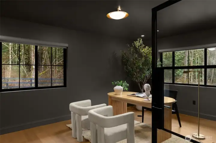 A dramatic color-drenched main floor office creates a rich feel