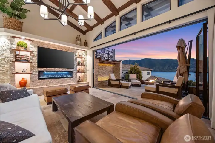 Grand vaulted great room with exposed beams and sweeping Lake Chelan views.