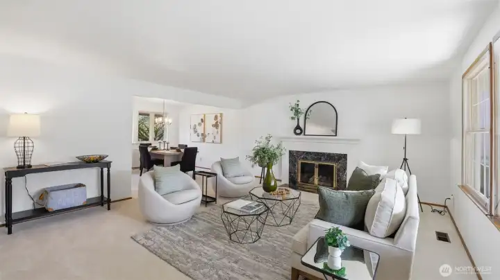 The front living room flows seamlessly into the dining room.