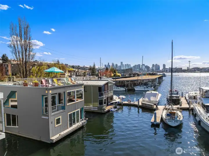 Roanoke Reef with downtown Seattle and the Space Needle behind — the home lives inside one of the most iconic urban waterscapes in the country.