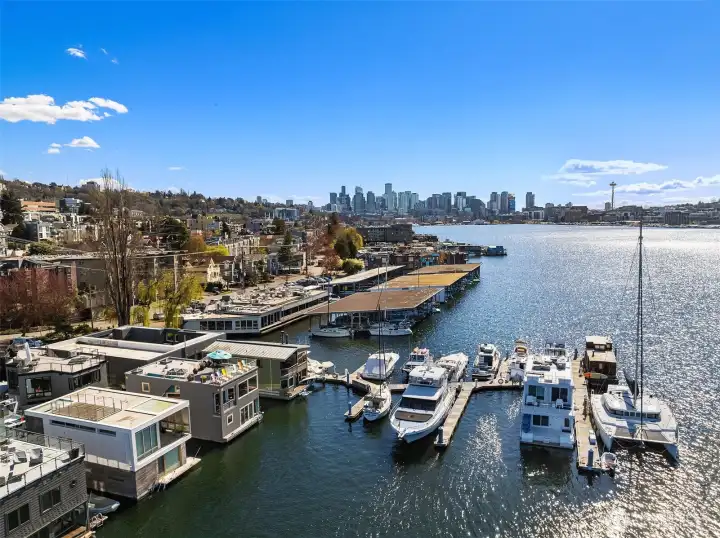 A wider aerial takes in the entire south end of Lake Union and the downtown skyline.