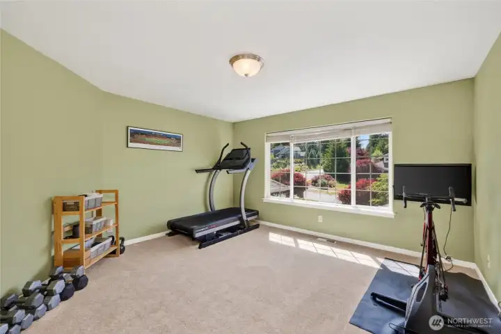 One of three upper-level secondary bedrooms. Looks out over front drive.