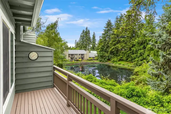 Back deck off the sunroom overlooking the pond.