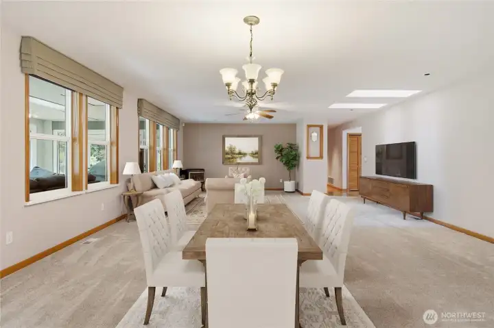 Virtually staged Great Room from Kitchen
