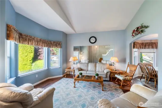 Living room with bright bay window