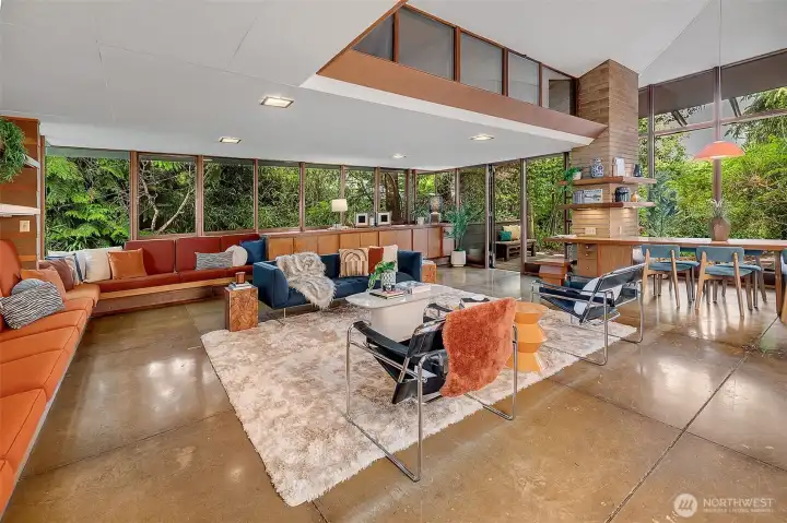 Light-filled living room with clerestory windows