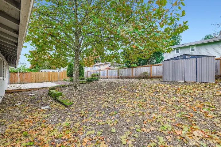 Large, fully fenced yard with storage shed and generous side yard. Ideal for playing or gardening.