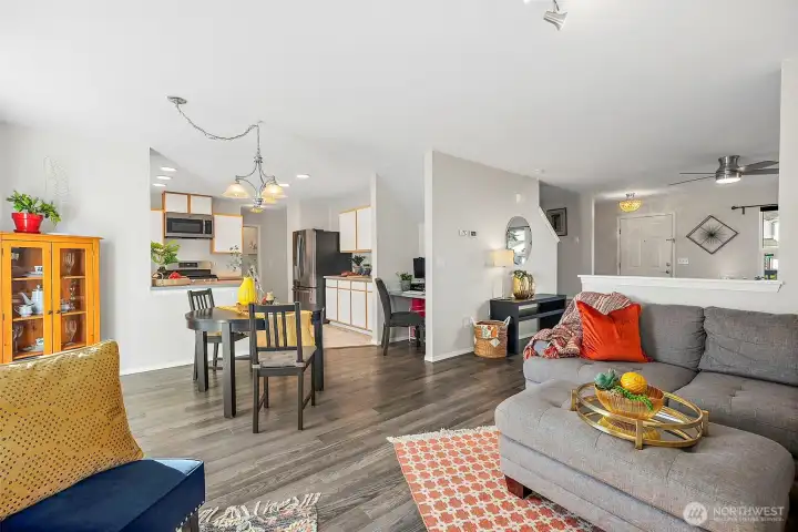 Dining area and kitchen, open to family room