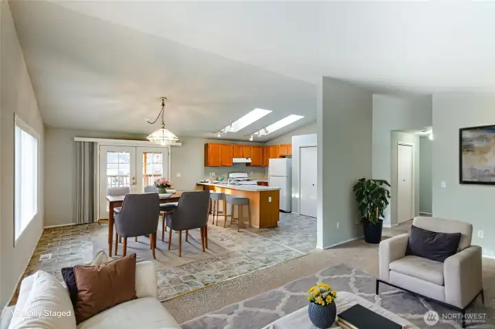 Spacious dining area and open kitchen.