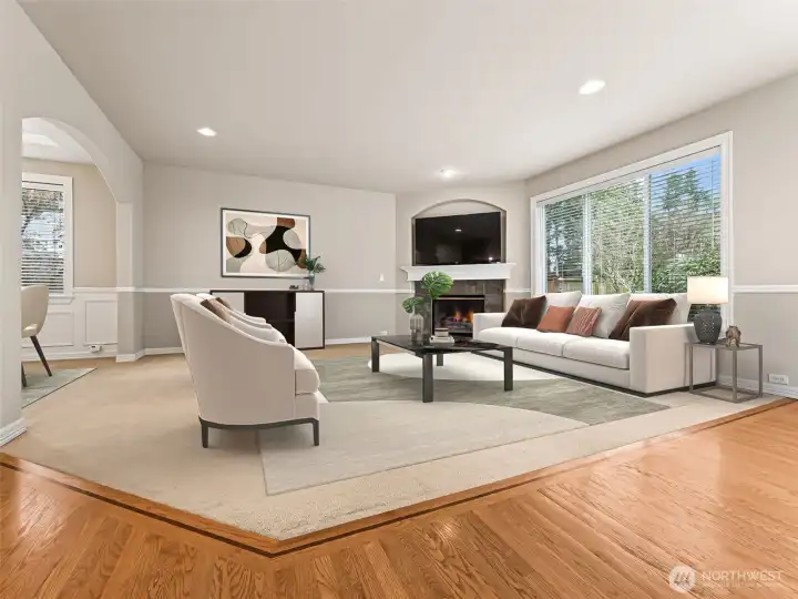 Family room with gas log fireplace-virtual staging