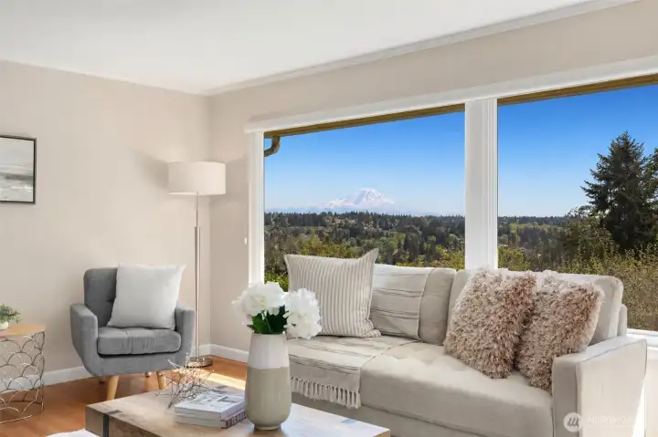 Living Room, Mt. Rainier View: Iconic picture-window living room with a breathtaking Mt. Rainier view, the showstopper of this home.