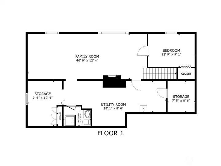 Basement Floorplan offers Family Room (Rec Room) with great views, an exterior exit door, and downstairs bedroom.  There is also a full bathroom with shower downstairs.  Washer/Dryer hookups and plenty of storage.