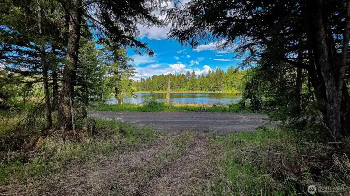 The ultimate welcome home! This established, tree-lined driveway perfectly frames the breathtaking views of Teal Lake, offering a spectacular, shaded approach to your private waterfront acreage.