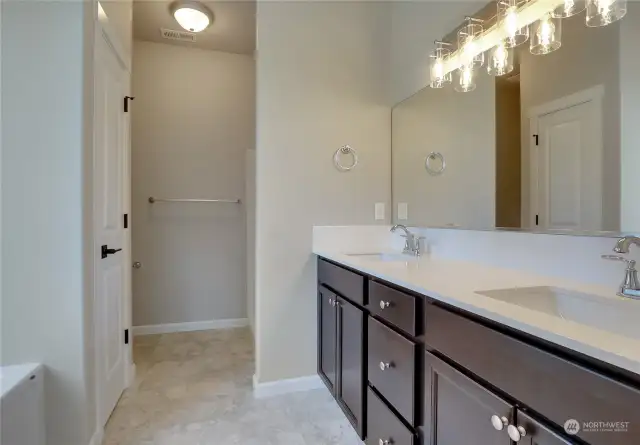 Main level primary suite bath. Soaking tub to the left and shower to the right.
