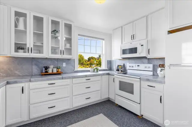 Tons of storage, tile counters and newer appliances.