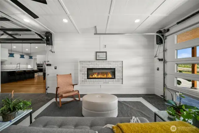 Electric fireplace in the breezeway