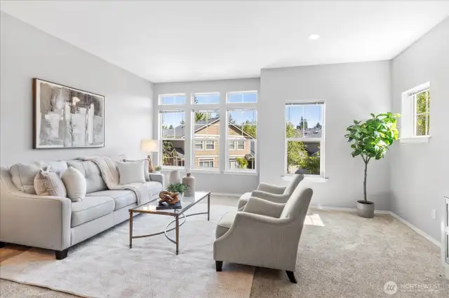 Sun-drenched living and dining room. Really plush carpet throughout. Tall 10 foot ceilings throughout the main level allows for large windows and lots of light.