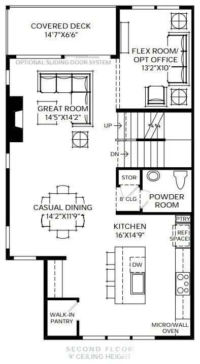 Second floor with main living areas and multi-slide stacked door opening to covered patio and fenced backyard.