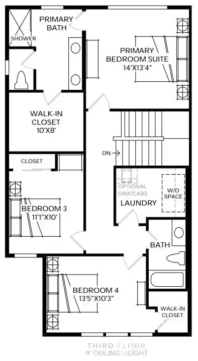 Third floor with two secondary bedrooms sharing a full bathroom, laundry room and primary suite.
