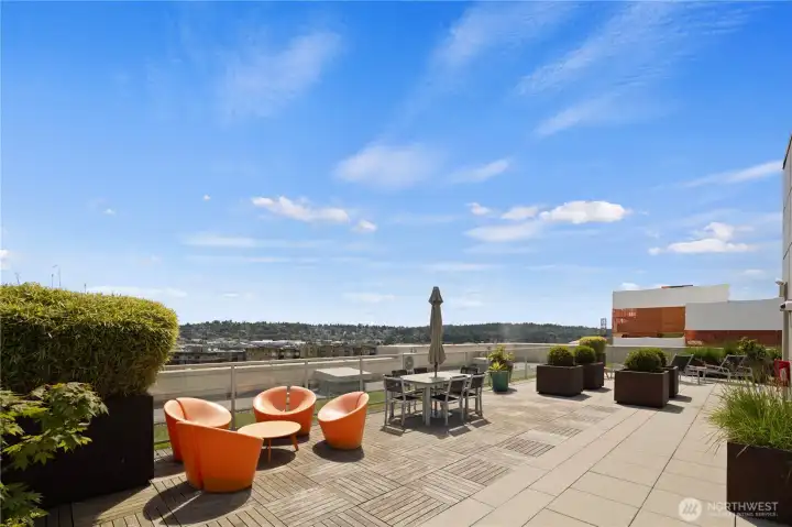 A rooftop oasis with panoramic Seattle skyline, canal, and mountain views, plus spaces to gather, grill, and relax.