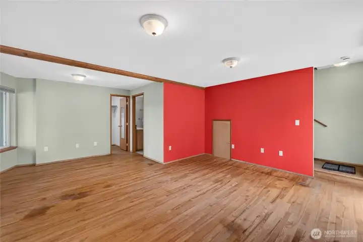 The space offers a large walk-in closet and added storage under the stairway The space offers a large walk-in closet and added storage under the stairway