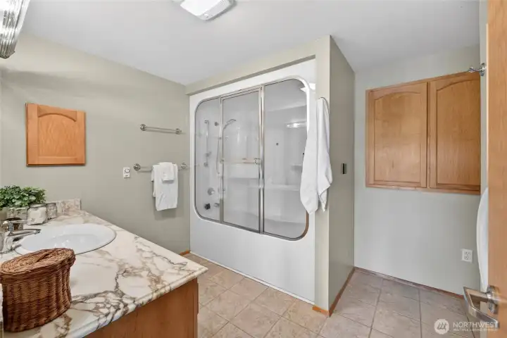 The steam shower is a quality feature and there is added storage for all your supplies The steam shower is a quality feature and there is added storage for all your supplies